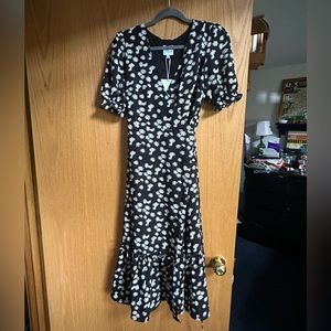Wrap around, floral print midi dress. NWT. Black and white